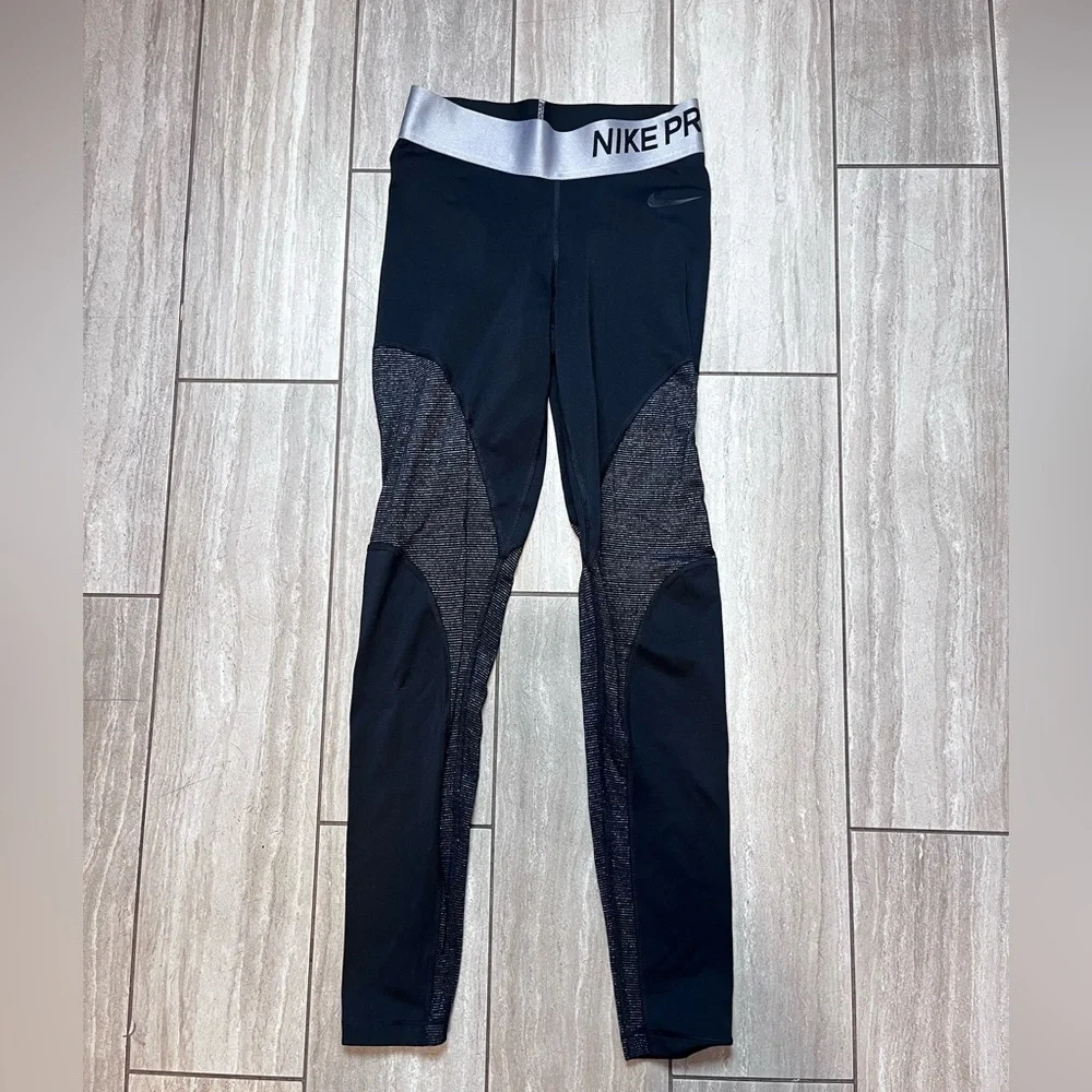 NIKE DRI-FIT PRO LEGGINGS TIGHTS SPATS SILVER BLACK SMALL